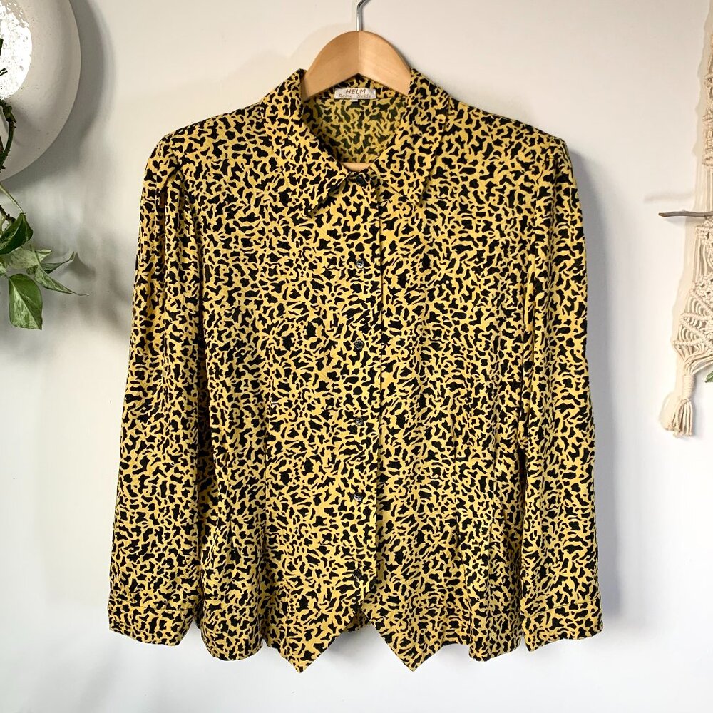 Vintage Silk Animal Cheetah Leopard Print Silk Blouse Long Sleeve Witchy Fairy